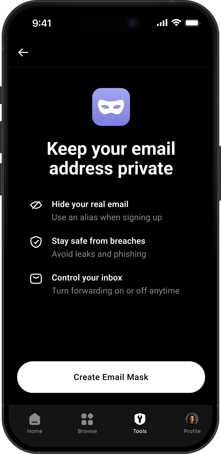 Final onboarding screen with feature highlights and create button